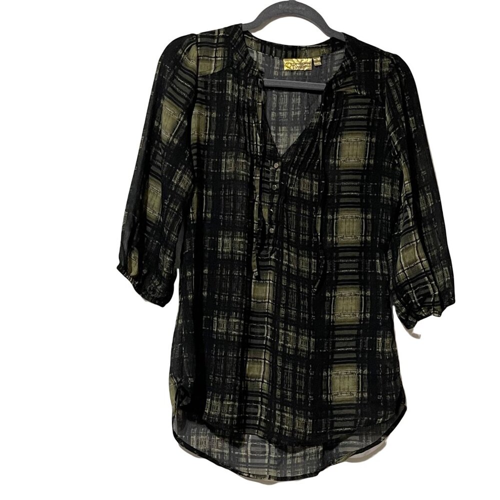 Princess Vera Wang gold tag women's size M green plaid sheer 1/2 button Boho top